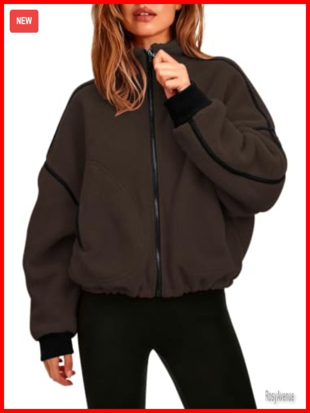 Fleece Jacket Cropped Full Zip Stand Collar Warm Outerwear Pockets